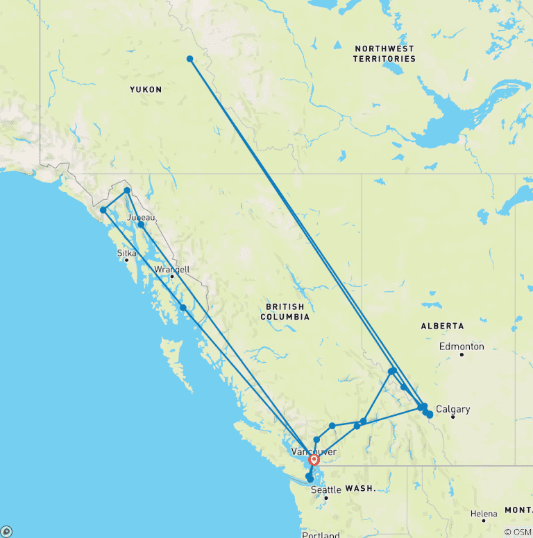 Map of Icons of Western Canada & Alaskan Cruise 2027 - 22 Days (50 destinations)