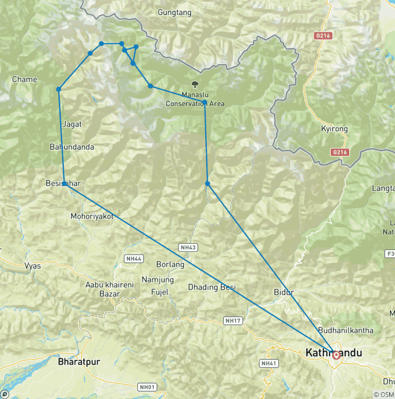 Map of Manaslu Circuit Trek 10 days