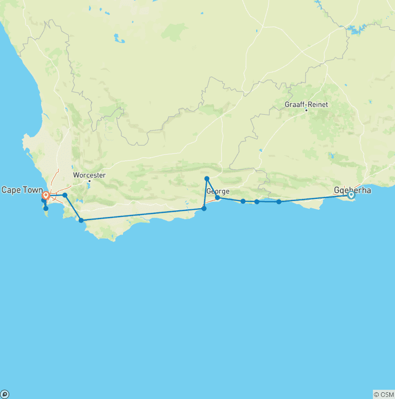 Map of Garden Route to Cape Town: Coast, Wildlife & Wine in 10 Days