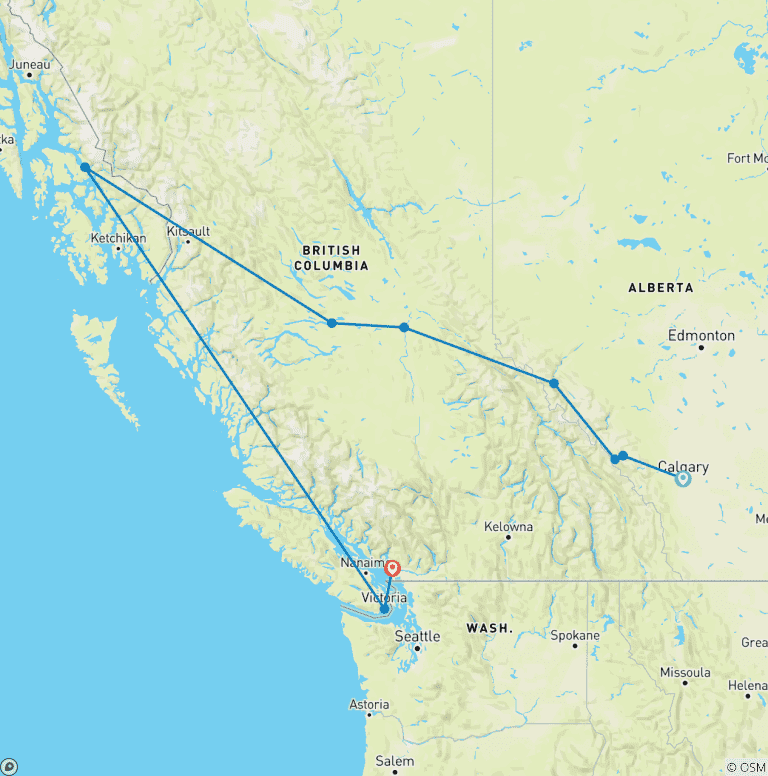 Map of Western Canada with Inside Passage & Calgary Stampede (from Calgary to Vancouver)