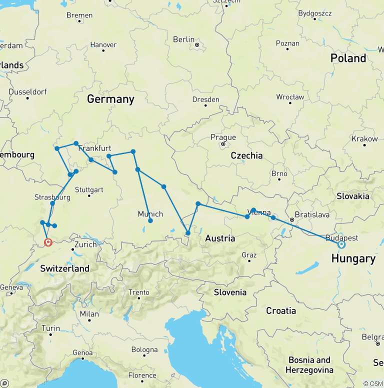 Map of Christmastime from Budapest to Basel