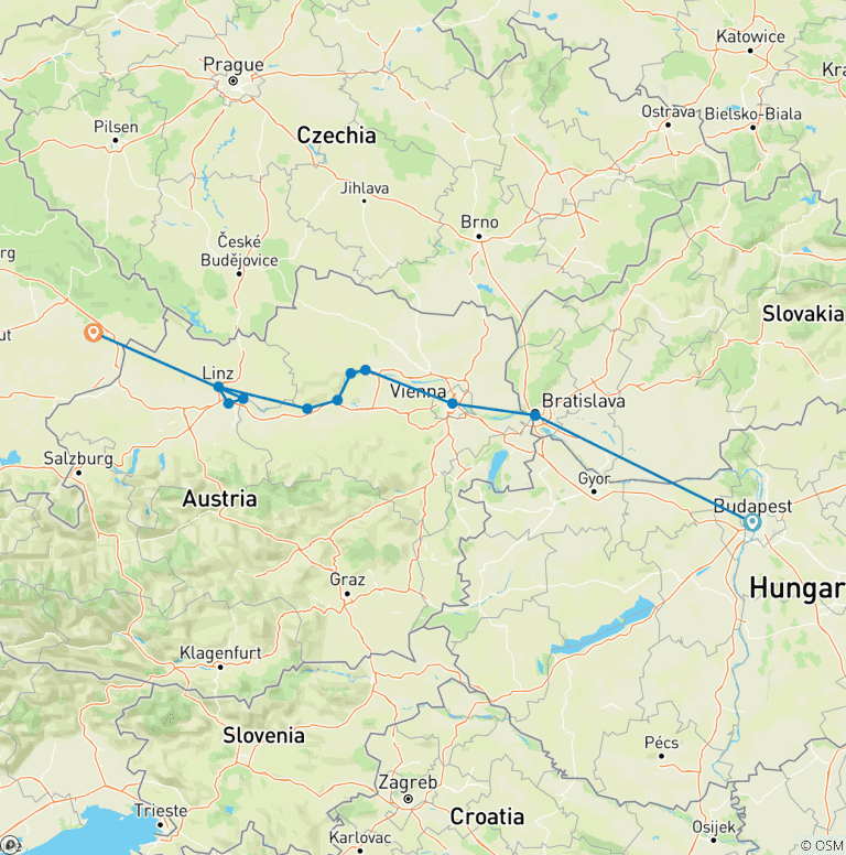 Map of Danube Symphony with 1 Night in Budapest (Westbound) 2026