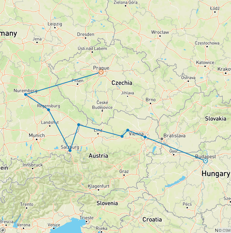 Map of Christmastime on the Blue Danube Discovery with 2 Nights in Prague 2026