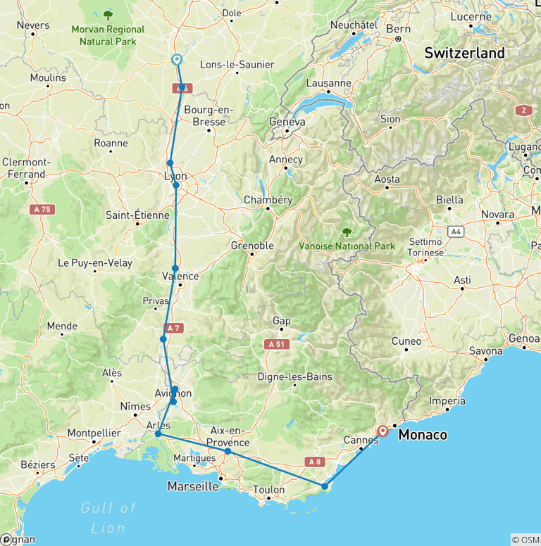Map of Burgundy & Provence with 2 Nights in French Riviera (Southbound) 2026