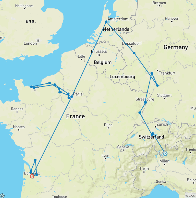 Map of Vineyards, Chateaux & Bordeaux with Swiss Alps, 3 Nights in Lake Como & 1 Night in Lucerne