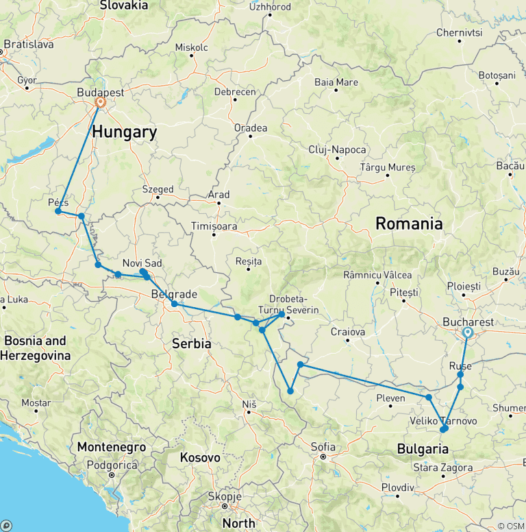 Map of The Danube from Romania to Budapest with 1 Night in Bucharest 2026