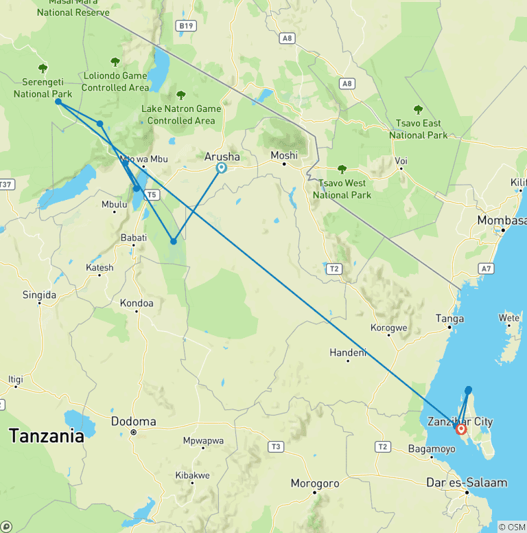 Map of Tanzania Wildlife Expedition & Zanzibar Beach Excursion