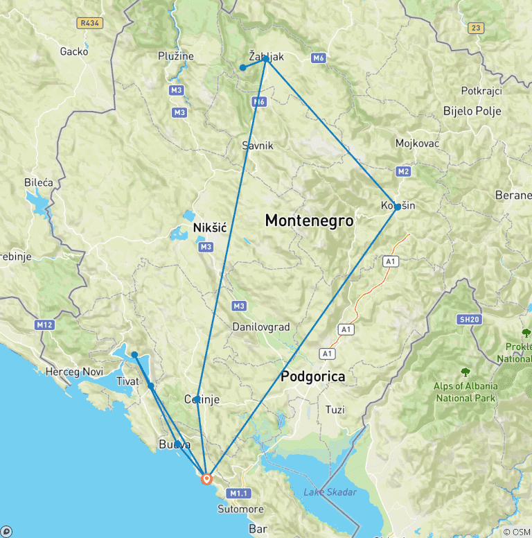 Map of Montenegro Coast and National Parks - Self - Drive Tour