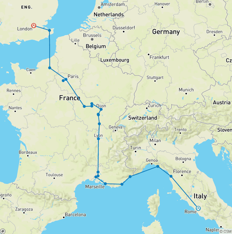Map of From Italy to France with London (25 destinations)