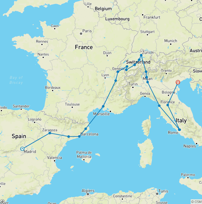 Map of South of Europe (31 destinations)