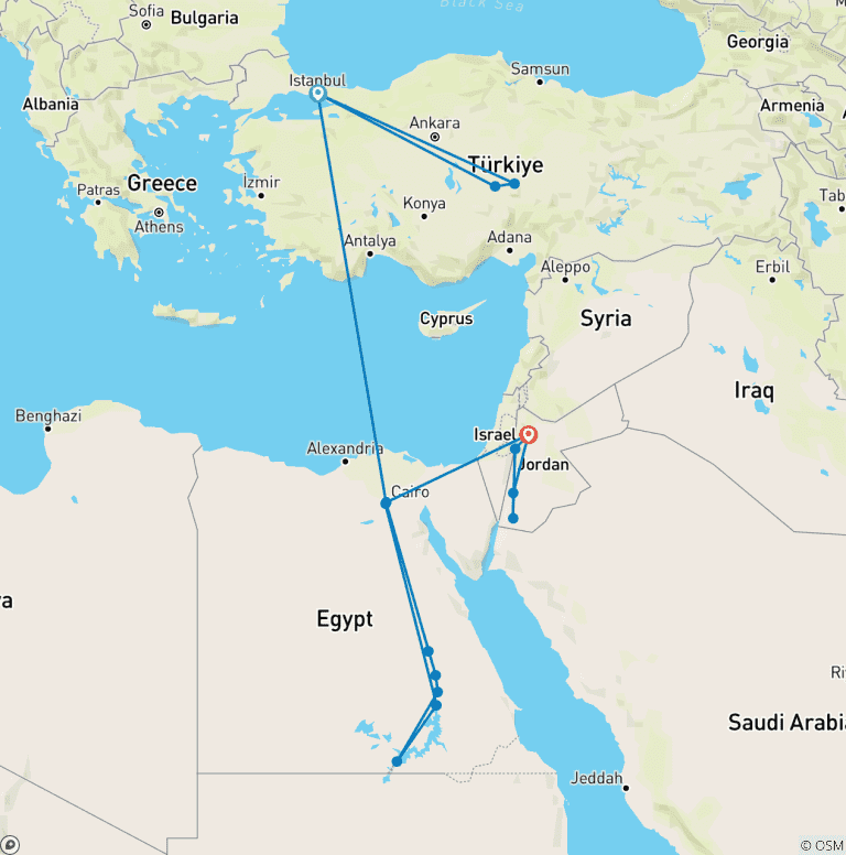 Map of Best of Turkey, Egypt & Jordan (Istanbul/Cappadocia/Cairo/Nile cruise/Petra)All flights included