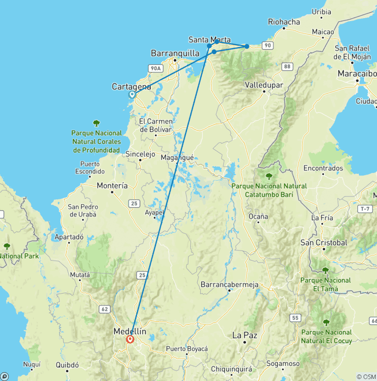 Map of Colombian Explorer: Medellín Nights & Tayrona National Park