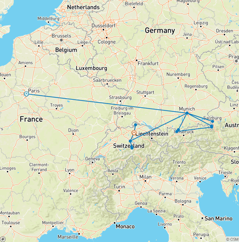Map of Paris Munich and Switzerland