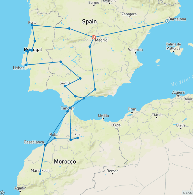 Map of 22 Day Tour Barcelona & Portugal & Andalusia & Morocco
