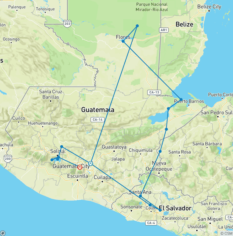 Map of Mayan Triangle Program - Guatemala, El Salvador & Honduras in 10 days