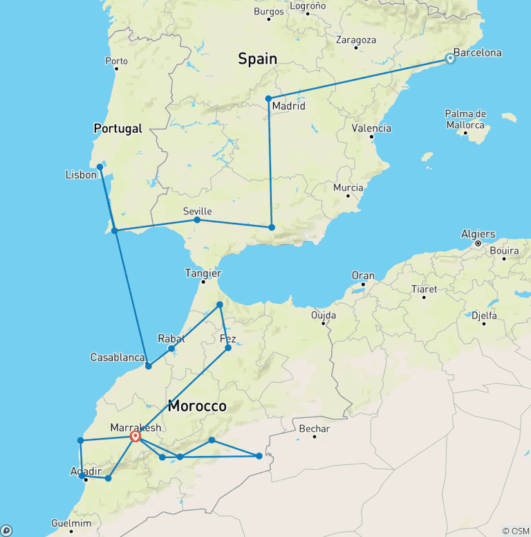 Map of Explore Spain, Portugal and Morocco: Coastal Waves & Desert Dunes