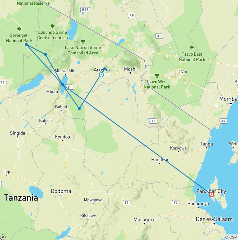 Map of Surprising Great Wildebeest Migration & Zanzibar Highlights