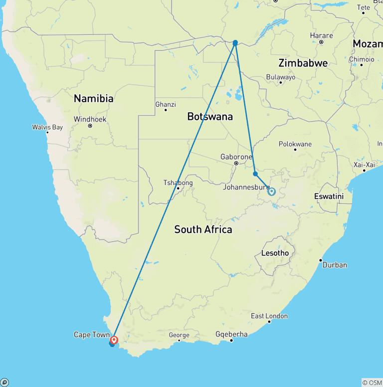 Map of 【South Africa, Zambia, and Zimbabwe】10-Day Tour Package with Pilanesberg National Park & Victoria Falls