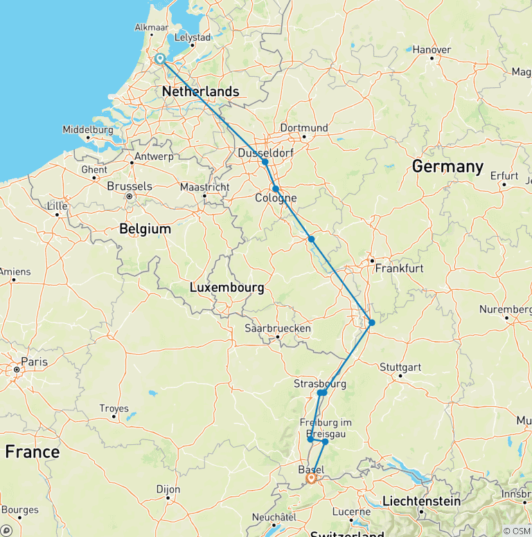 Map of Amsterdam & Jewels of the Rhine 2026 - 10 Days (from Amsterdam to Basel)