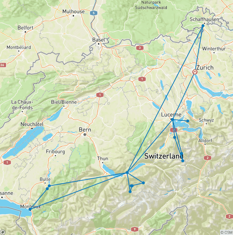Map of Switzerland in a Week (Zurich, Interlaken and Lucerne)