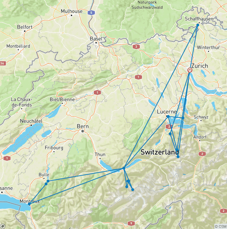 Map of Switzerland in 7 Days- Zurich, Interlaken and Lucerne