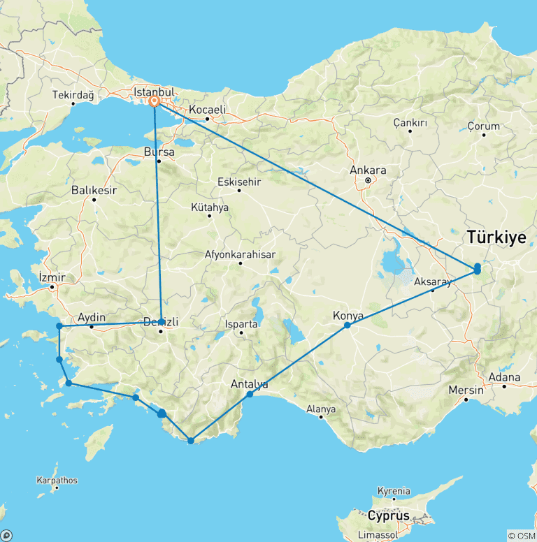 Map of 14-Day Private, Premium Tour of TURKEY | Premium Tranquility & Relaxation! | VIP Road Trip | by ANGELS VACATIONS