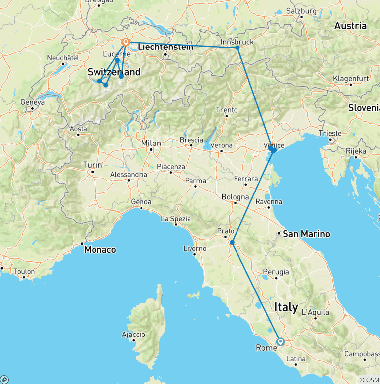 Map of Italian Charm And Alpine Majesty: From Ancient Rome To Swiss Mountaintops - 9 days