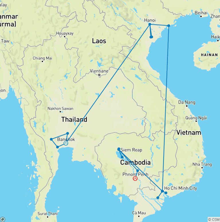 Map of Remarkable Thailand – Vietnam – Cambodia Tour in 14 days