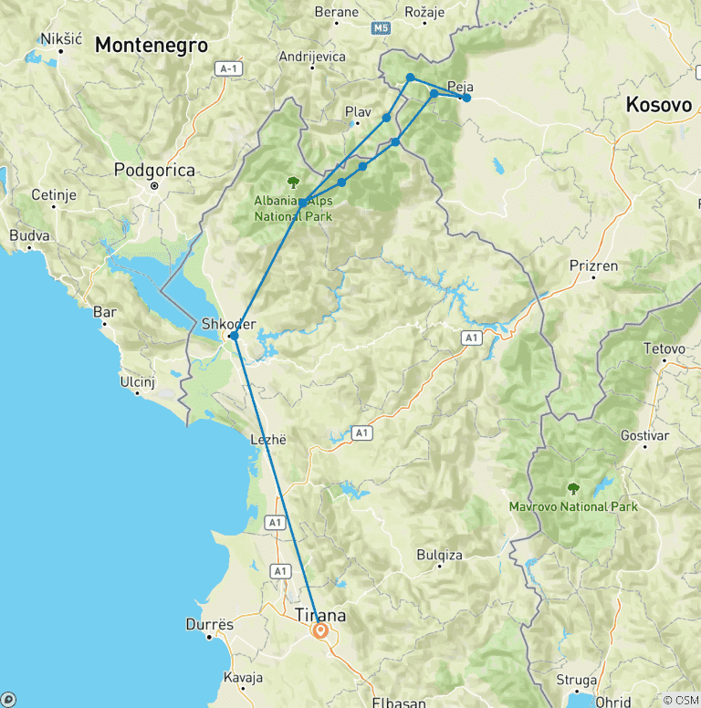 Map of Hiking in Albania, Kosovo & Montenegro