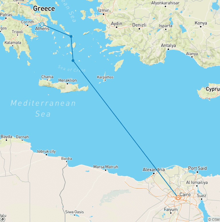 Map of ADONIS | Greece & Egypt : Athens, Mykonos, Santorini & Cairo (hotels, ferries, flights & tours)