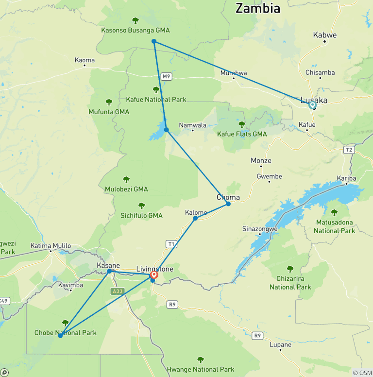 Map of 11 - Days of Great Safari Expedition: Busanga Plains, Kafue, Mosi-oa-Tunya (Zambia), Chobe (Botswana) and Victoria Falls (Zimbabwe).