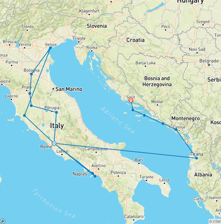 Map of Rich Italy & Croatia Sailing tour(flight included) with Montenegro & Albania
