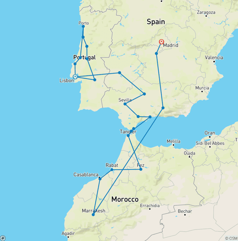 Map of Lisbon, Coimbra, Évora, Porto, Andalusia, and Madrid in 21 Days
