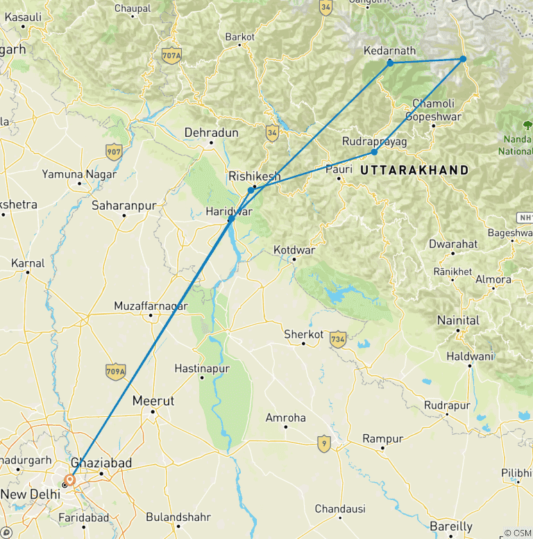 Map of Kedarnath Badrinath Yatra from Delhi