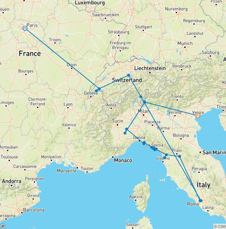 Map of France, Switzerland, and Italy by Rail (42 destinations)