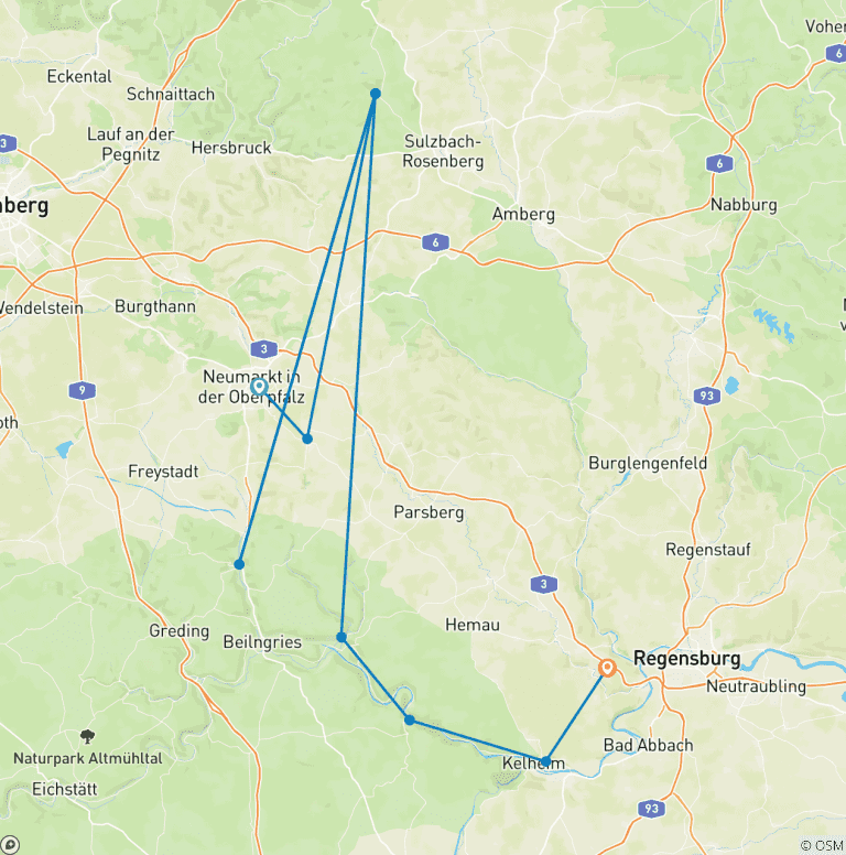 Map of Jurasteig West from Deining to Eilsbrunn