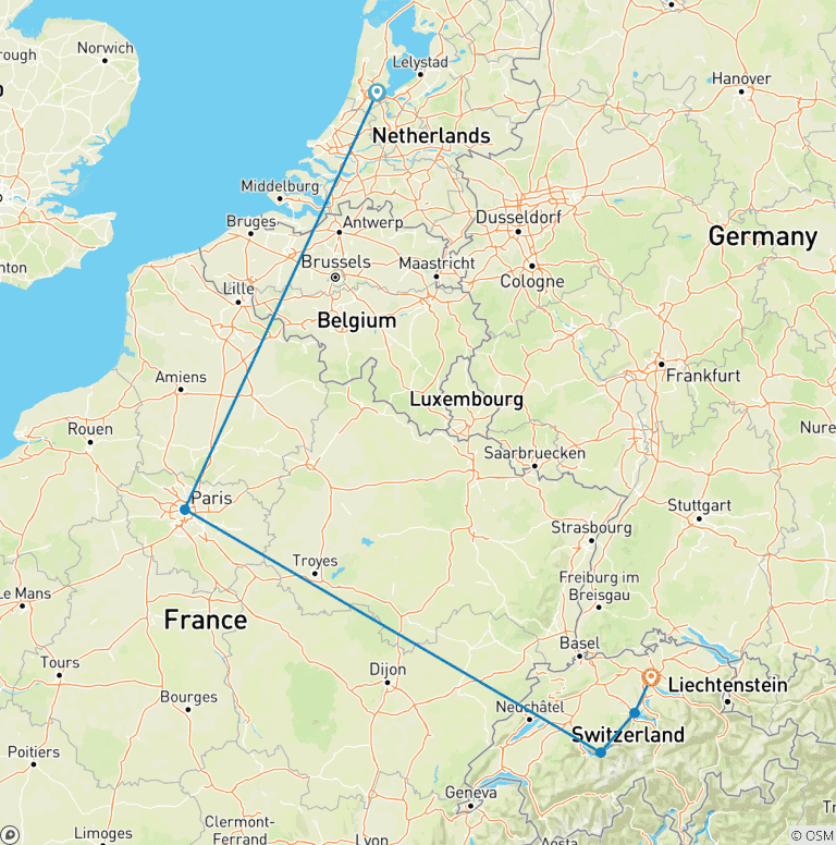 Map of Amsterdam, Paris and Switzerland in 10 days