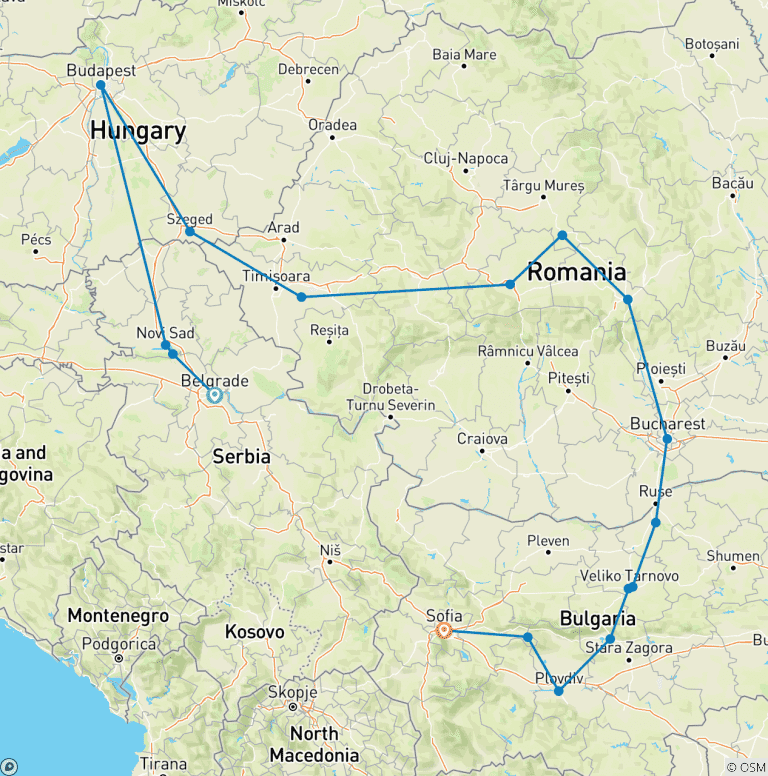 Map of Castles & Capitals: Serbia, Hungary, Romania and Bulgaria in two weeks - premium small group tour