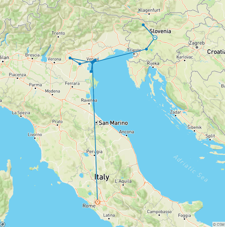 Map of Grand Highlights of Italy & Slovenia (2026) (Ljubljana to Rome, 2026)