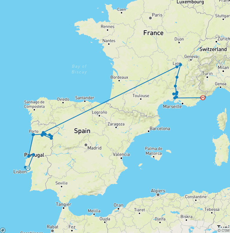 Map of Lisbon to Nice & Discover the Rivers of France & Portugal
