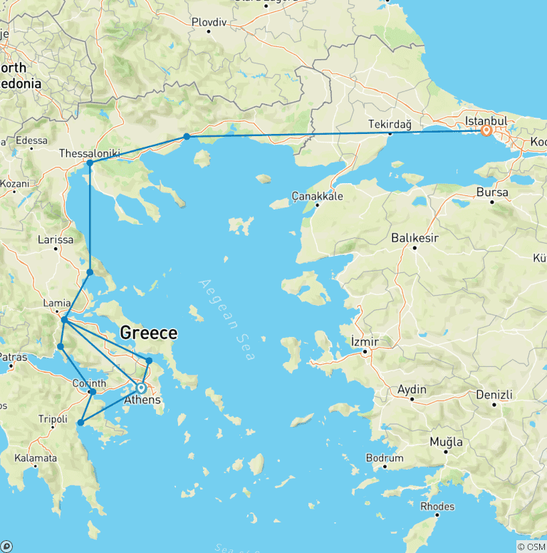 Map of Classic Mainland Greece: Athens to Istanbul