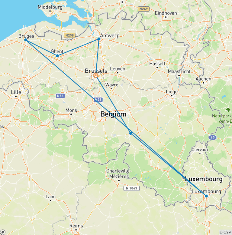Map of 7 Day Brussels including Antwerp, Battle of the Bulge, Flanders Fields, Ghent, Bruges, Luxemburg & Dinant