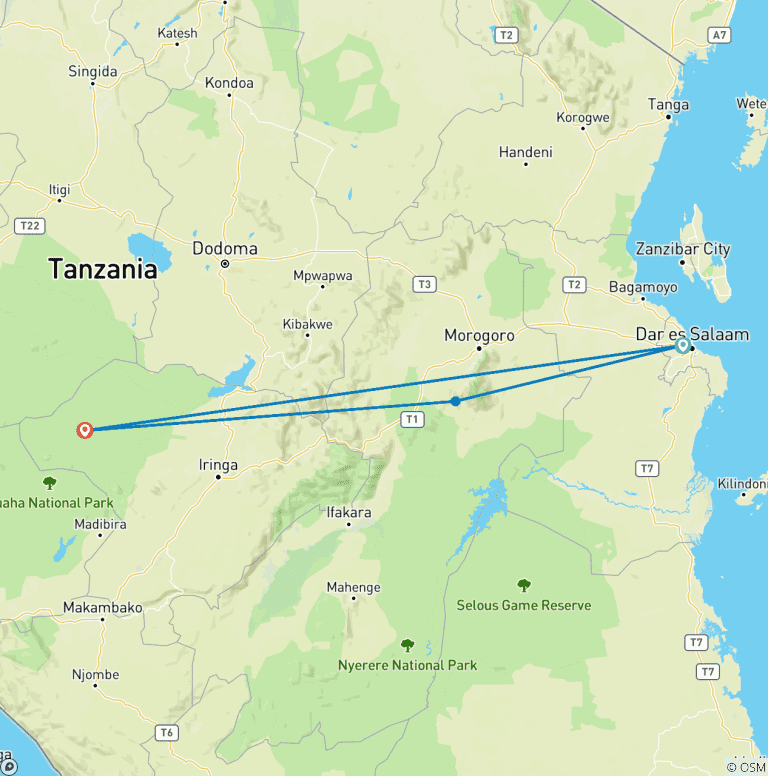 Map of 7-day Discovery Tanzania Safari Central and Southern Circuit *Mikumi NP & Ruaha NP*