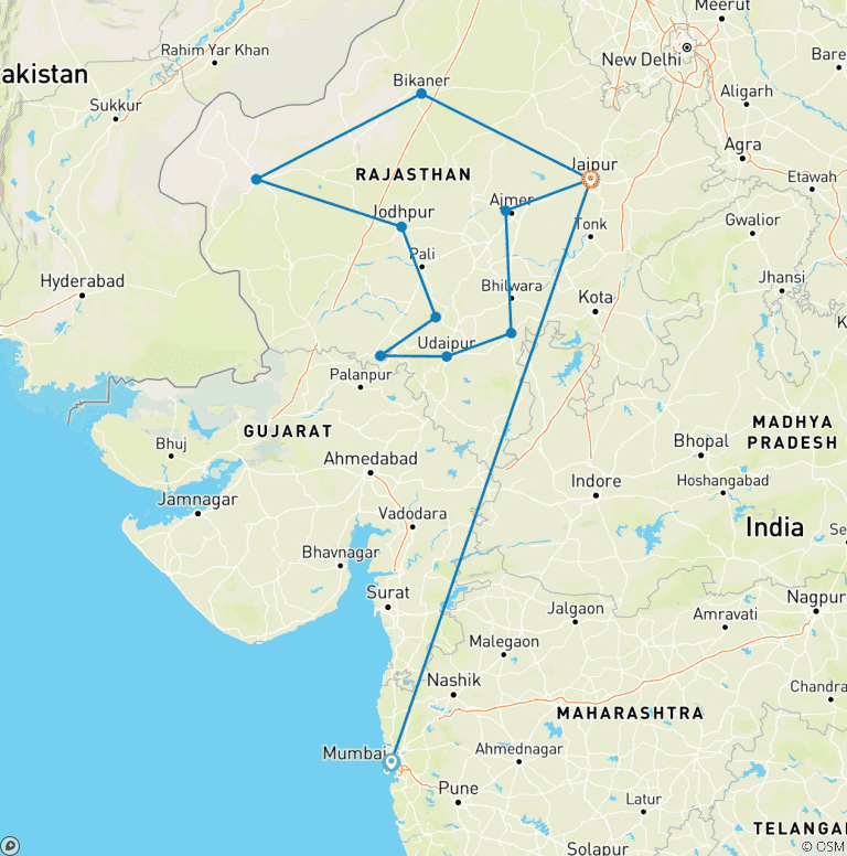 Map of Luxury Rajasthan with Mumbai