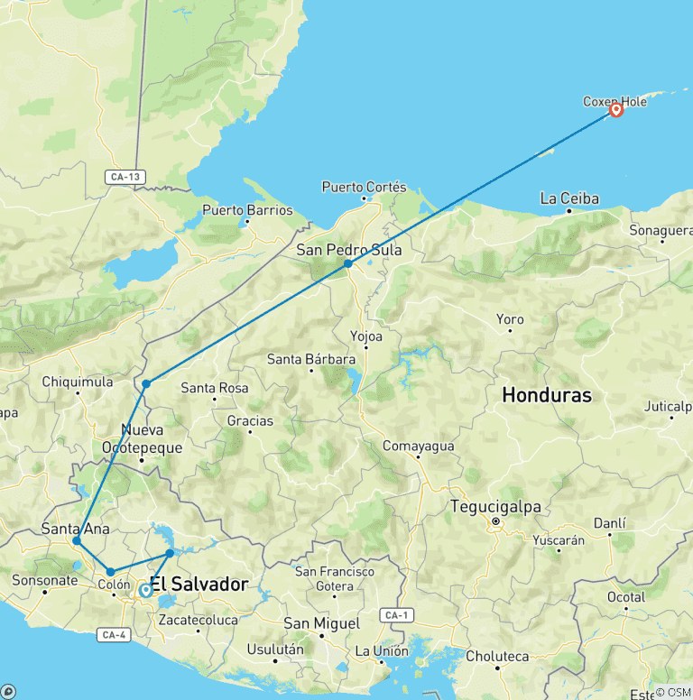 Map of Customized 10 Days El Salvador and Honduras Tour, Daily Start & Private Car
