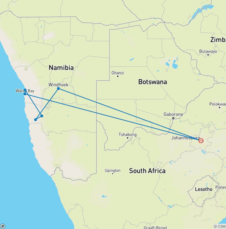 Map of 6 Day Namibia Tour from Johannesburg