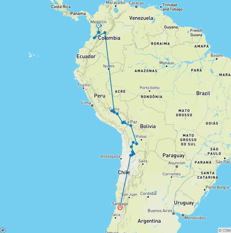 Map of Essential Colombia to Chile - 21 days