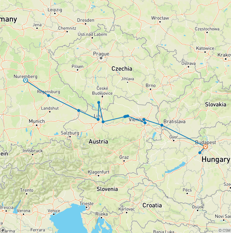 Map of Danube in Depth 2026 - 10 Days (from Nuremberg to Budapest, 15 destinations)