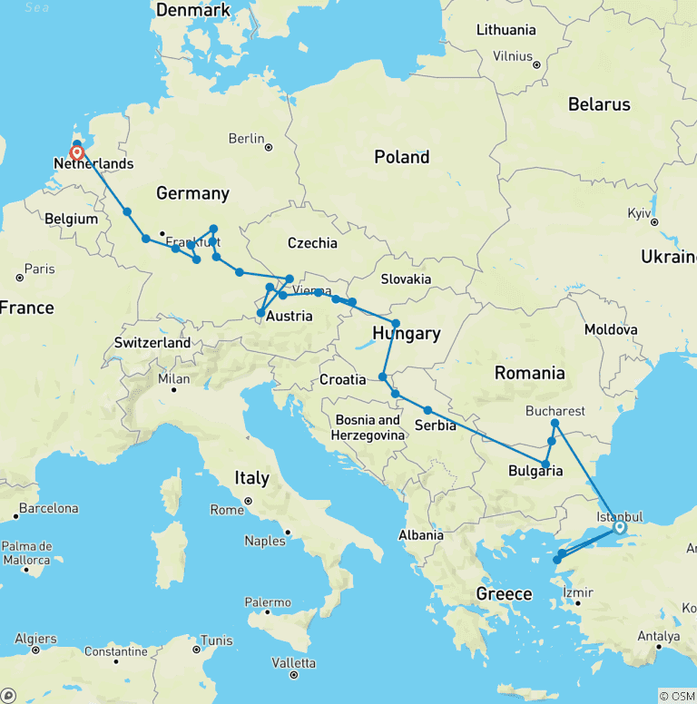 Map of North Sea to the Black Sea with Turkey 2026 - 29 Days (from Istanbul to Amsterdam)