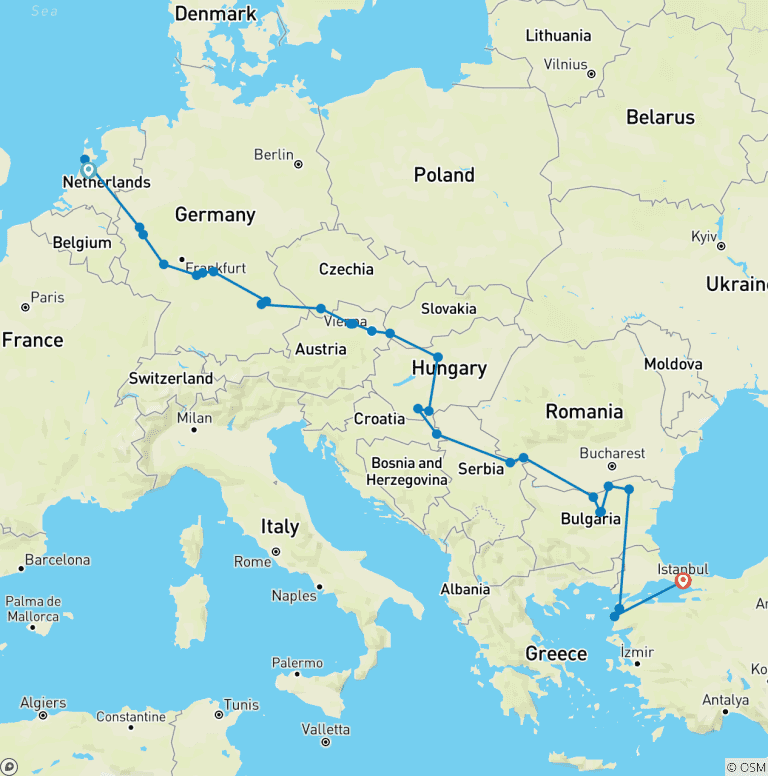 Map of North Sea to the Black Sea with Turkey 2026 - 29 Days (from Amsterdam to Istanbul)